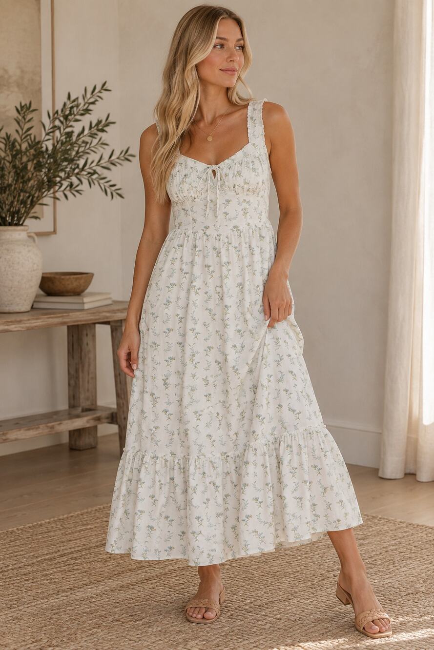 American Eagle Corset Floral Midi Dress – Cream / Sage Green Size M